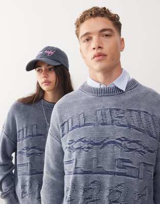 COLLUSION Unisex - Pullover in verwaschenem Blau mit Markenlogo