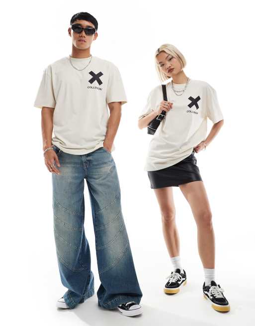 COLLUSION Unisex - Råhvid T-shirt med 'X'-logo i bomuld	, 2 af 4