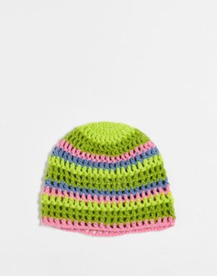 COLLUSION Unisex rainbow festival crochet beanie hat in multi