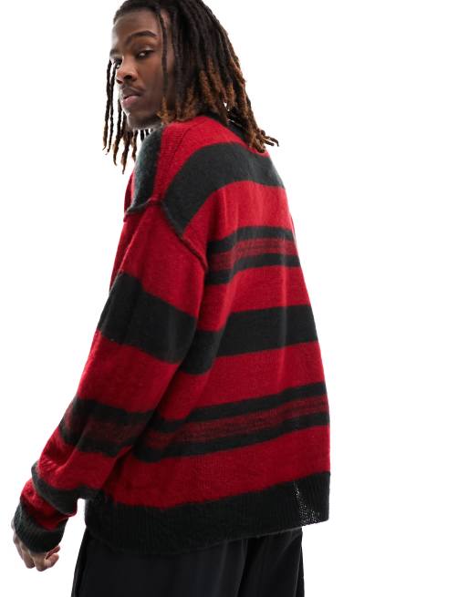 COLLUSION Unisex - Rød- og sort-stribet og oversized trøje med V-hals, 4 af 4