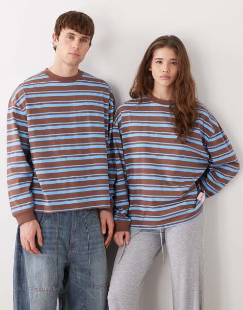 COLLUSION Unisex - Recht gestreept T-shirt in bruin en blauw - view 1