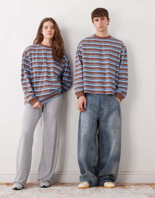 COLLUSION Unisex - Recht gestreept T-shirt in bruin en blauw, 2 van 4
