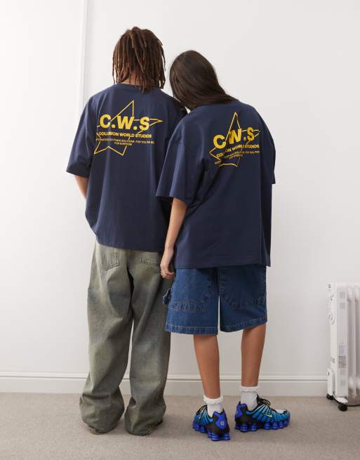 COLLUSION Unisex - Recht T-shirt met grafische print in blauw , 3 van 4