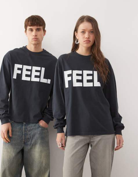 COLLUSION Unisex - Recht T-shirt met lange mouwen en 'FEEL'-print in zwart - view 1