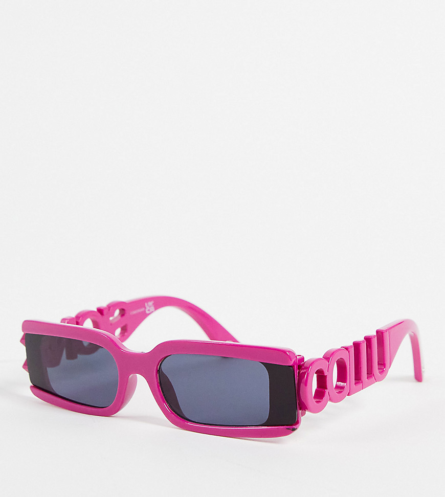 COLLUSION Unisex rectangle sunglasses with logo cut out in pink