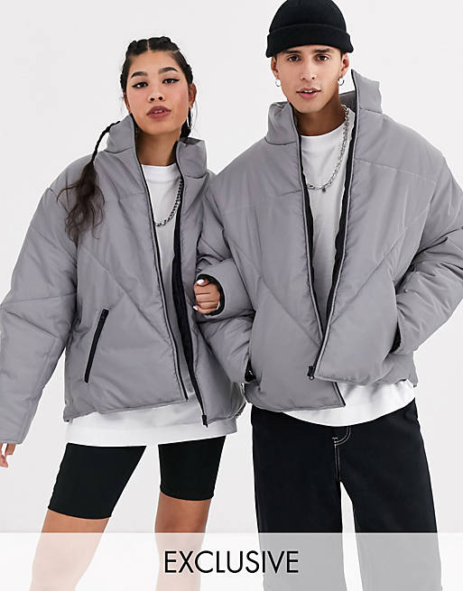 COLLUSION Unisex reflective puffer jacket in gray | ASOS