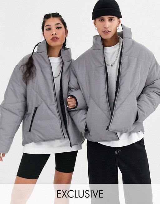 COLLUSION Unisex reflective puffer jacket in grey