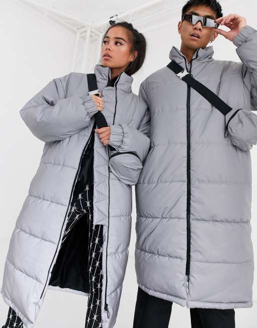 COLLUSION Unisex reflective puffer jacket with removable bag in grey