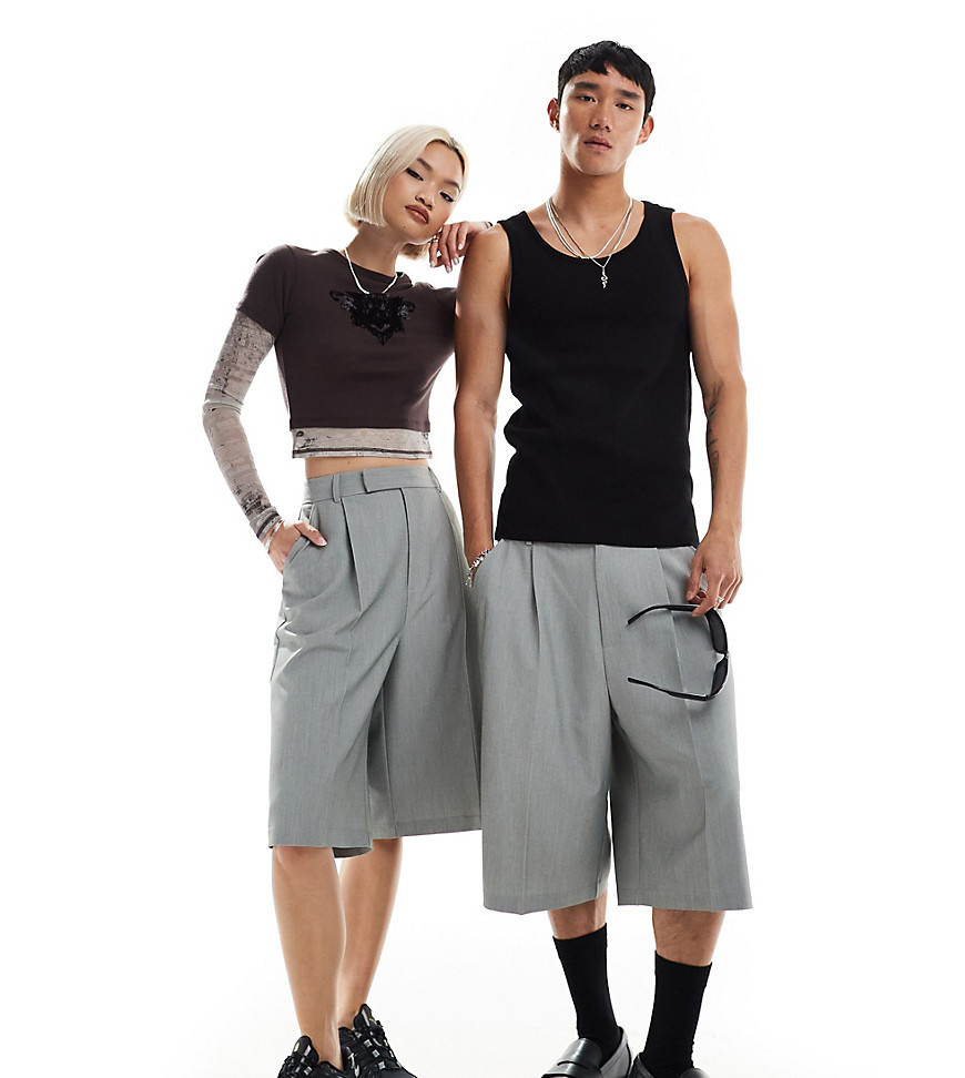 Collusion Unisex Relaxed Wide Leg Tailored Shorts In Gray