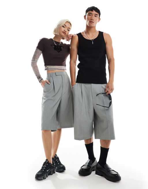 COLLUSION Unisex relaxed wide leg tailored shorts in grey | ASOS