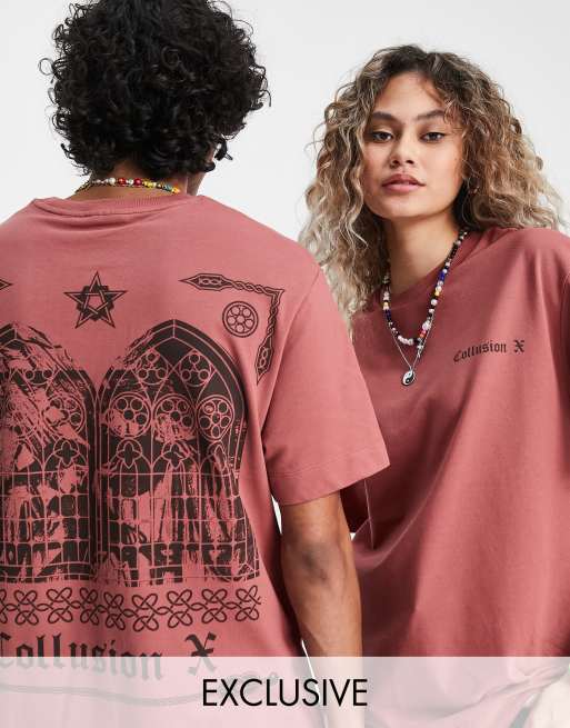 COLLUSION Unisex renaissance print t-shirt in rust