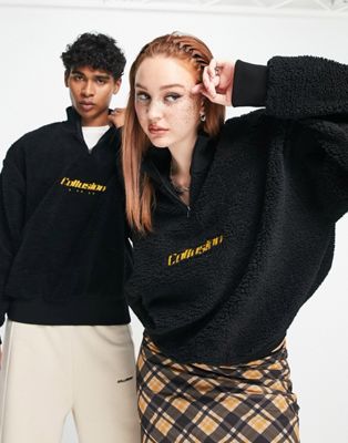 COLLUSION unisex reserve half zip borg sweatshirt in black