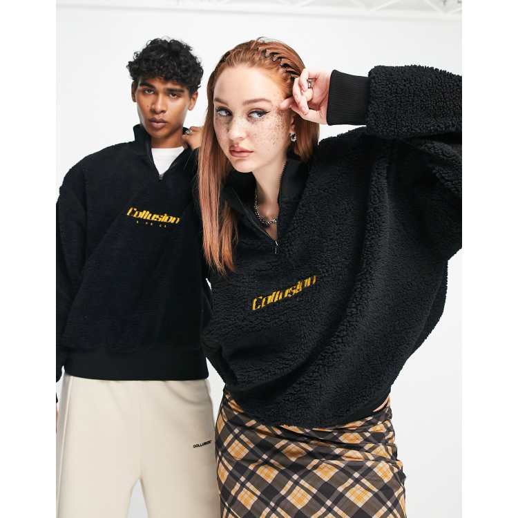 COLLUSION unisex reserve half zip borg sweatshirt in black | ASOS