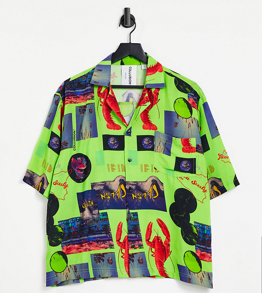 COLLUSION unisex revere shirt in neon photographic print-Green