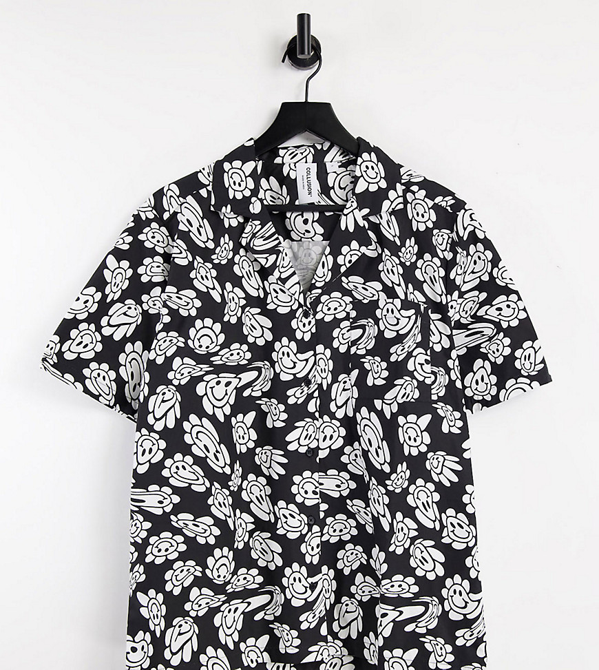 COLLUSION Unisex revere shirt with warped print - part of a set-Black