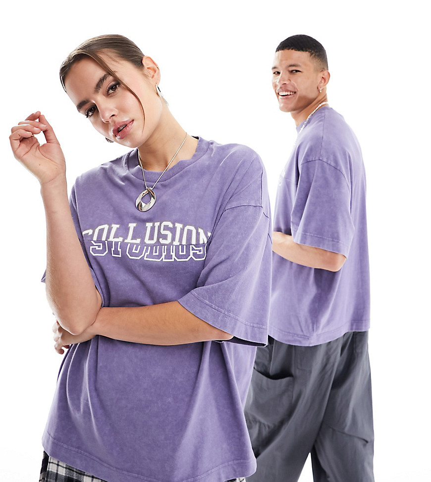 COLLUSION Unisex reversible printed t-shirt in purple-Blue