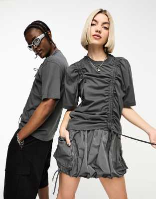 Collusion Unisex Ruched Crop T-shirt In Dark Gray