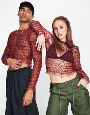 COLLUSION unisex ruched mesh long sleeve top in burgundy | ASOS