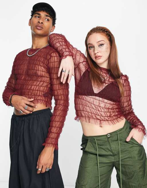 COLLUSION unisex ruched mesh long sleeve top in burgundy