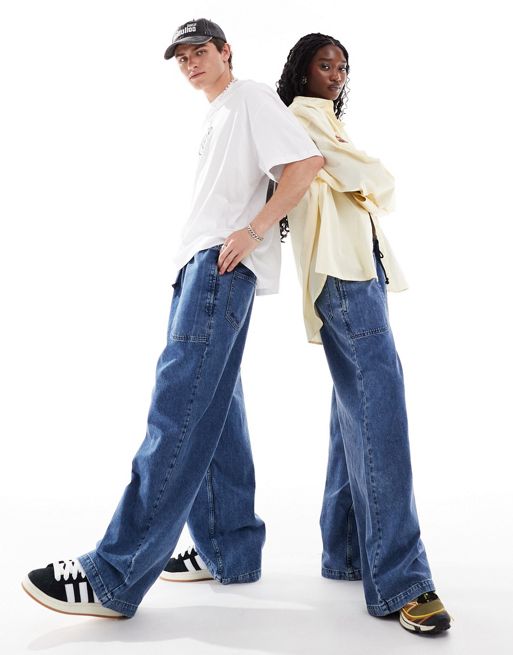 COLLUSION Unisex - Ruime skate jeans easy met elastische taille in mid-wash