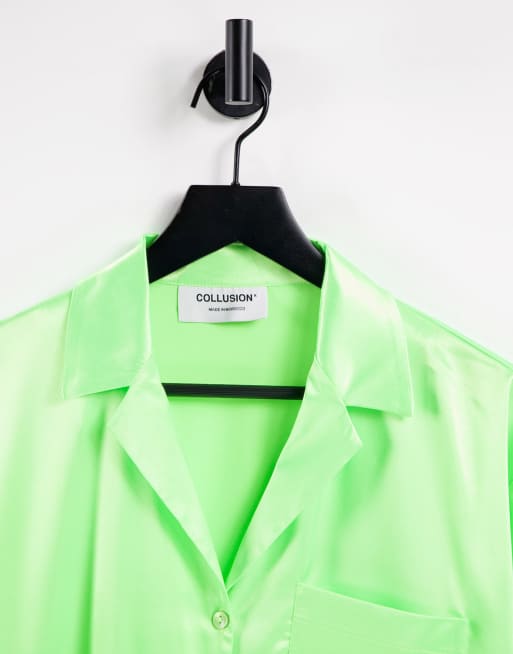 COLLUSION Unisex - Satijnen overhemd met reverskraag in neongroen, deel van co-ord set, 3 van 4