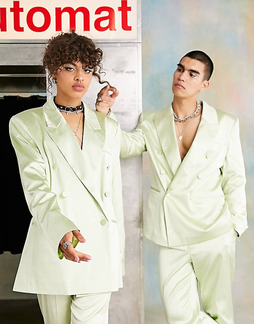 COLLUSION Unisex satin blazer in green (part of a set)