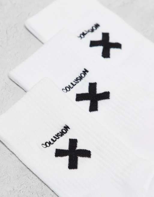 COLLUSION Unisex - Set van 3 paar sokken met logo in wit, 2 van 3