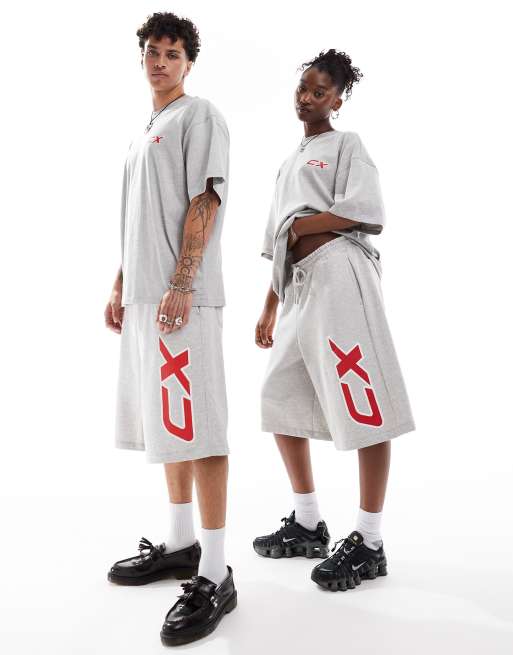 COLLUSION Unisex - Short met skater pasvorm en rode print in gemêleerd grijs, deel van co-ord set
