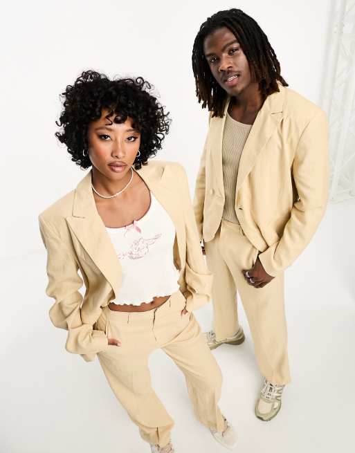 COLLUSION Unisex single wrap woven blazer in neutral (part of a set)