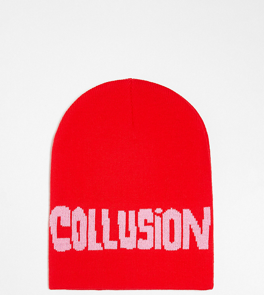 COLLUSION Unisex skater beanie with logo knit in red