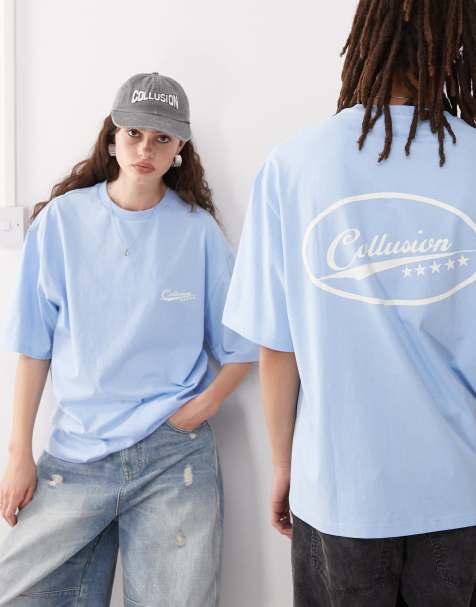 COLLUSION Unisex skater fit t-shirt in blue with print - view 1