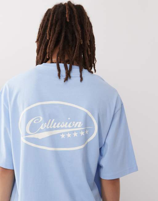 COLLUSION Unisex skater fit t-shirt in blue with print, 4 of 4