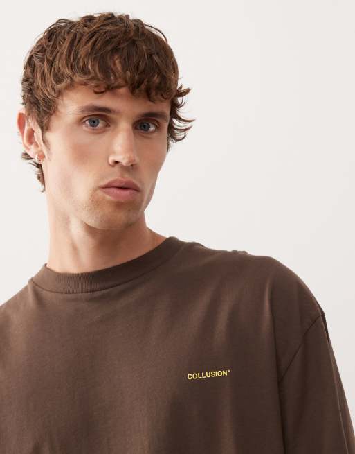 COLLUSION Unisex skater fit T-shirt in brown with yellow print