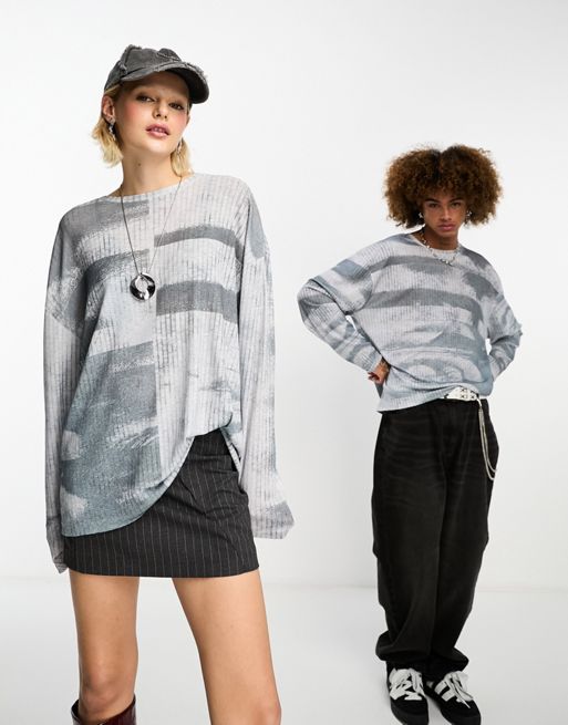 COLLUSION Unisex - Skater t-shirt van mesh met lange mouwen en print in grijs