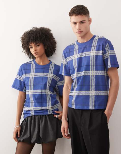 COLLUSION Unisex slim check blue t-shirt - view 1