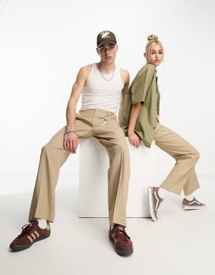 Collusion Unisex Slouchy Straight Leg Linen Pants In Mushroom-neutral