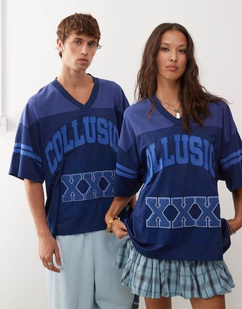 COLLUSION Unisex soccer jersey in navy blue with print and applique detail - view 1