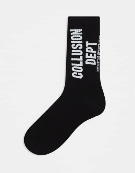 COLLUSION Unisex socks in black with white print - view 1