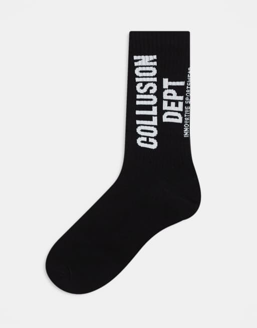 COLLUSION Unisex socks in black with white print