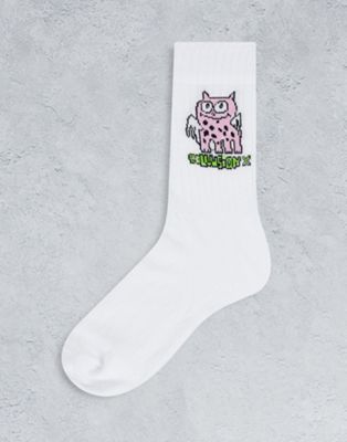 COLLUSION Unisex socks with cute monster design in white