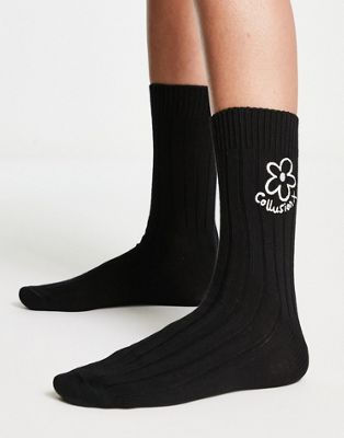 COLLUSION Unisex socks with flower logo in black