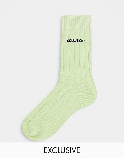COLLUSION Unisex socks with small logo in neon green
