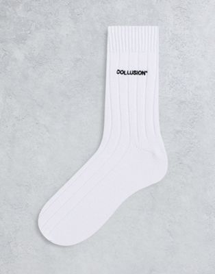 COLLUSION Unisex socks with small logo in white