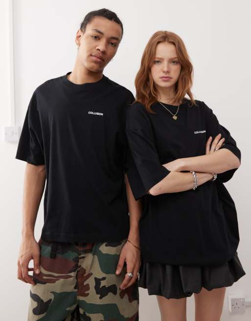 COLLUSION Unisex - Sort og oversized T-shirt med koordinatprint