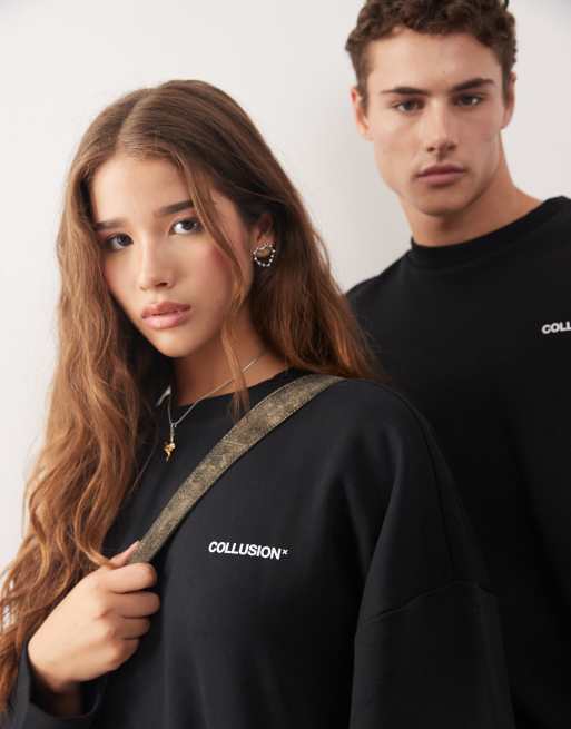 COLLUSION Unisex - Sort sweatshirt med firkantet pasform og logoprint, 2 af 4