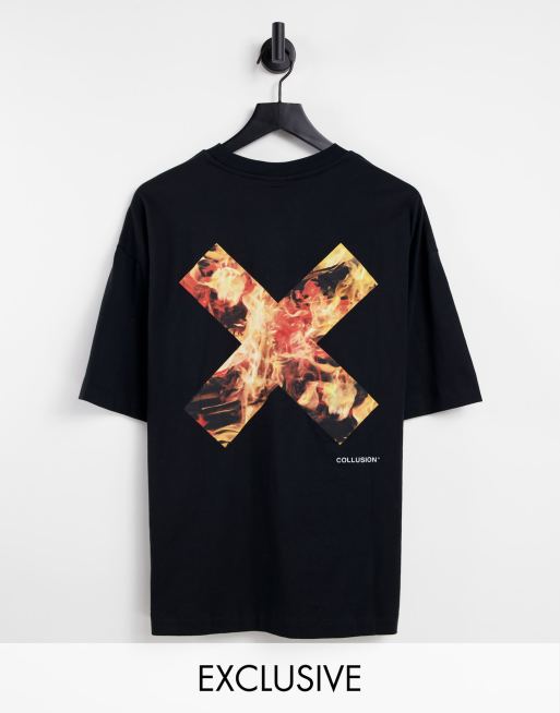 COLLUSION Unisex - Sort T-shirt med flamme-logoprint