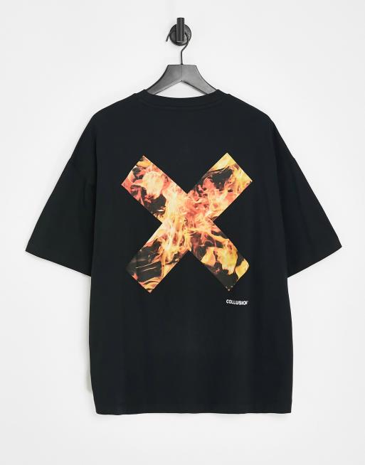 COLLUSION Unisex - Sort T-shirt med flamme-logoprint