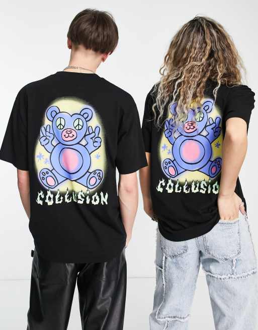 COLLUSION Unisex - Sort T-shirt med sødt bjørneprint