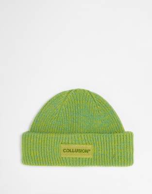 COLLUSION Unisex space dye knit logo fisherman beanie in green