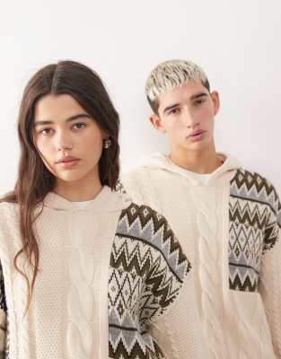 Collusion Unisex Spliced Cable Knit Hoodie-multi In White